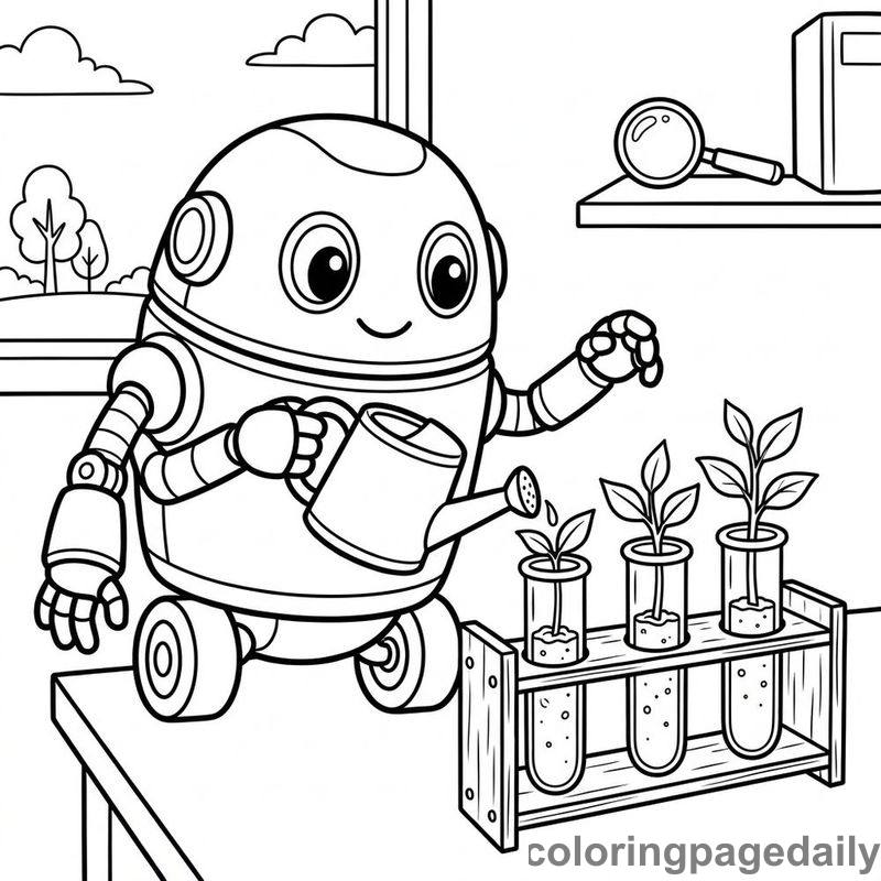 Robot Watering Plant Sprouts - Colored reference example