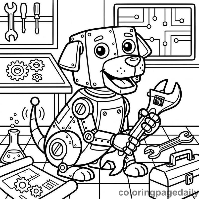 Robotic Dog Holding Wrench - Daily printable coloring page in Robots and STEM category