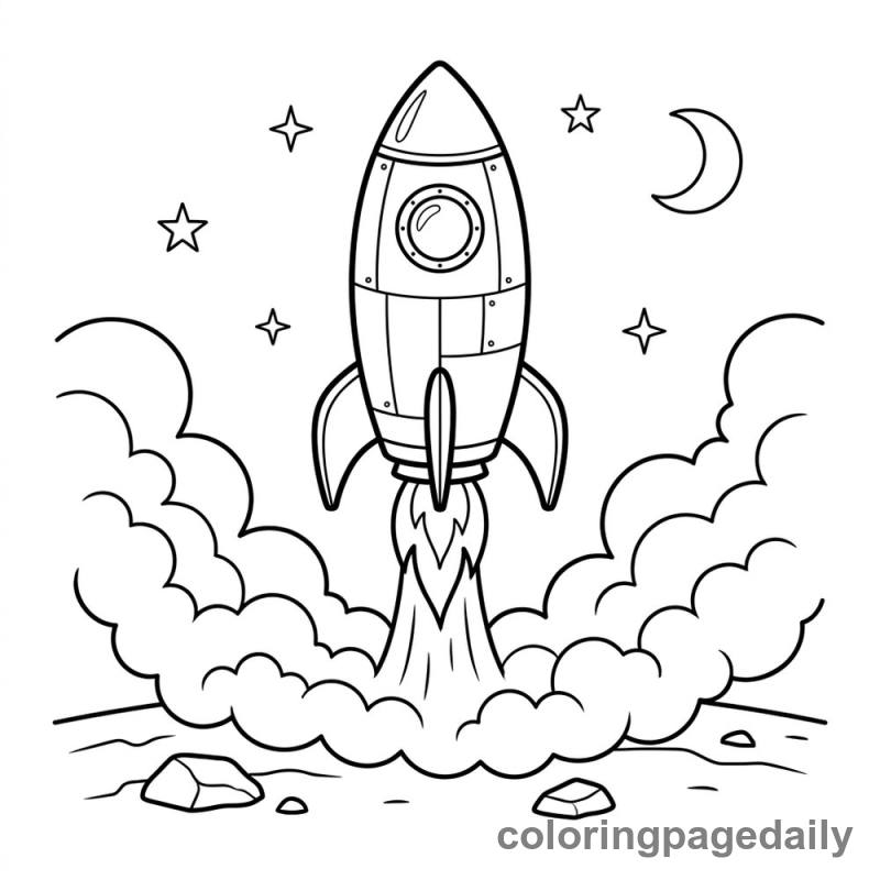 Rocket Ship Blasting Off - Daily printable coloring page in Space category