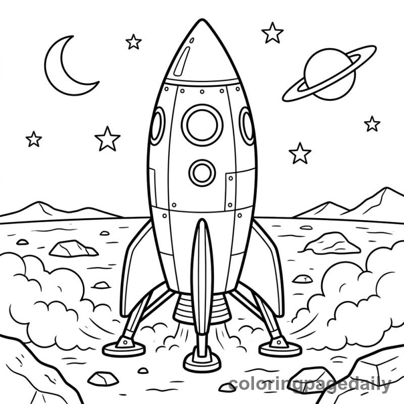 Rocket Ship Landing - Daily printable coloring page in Space category