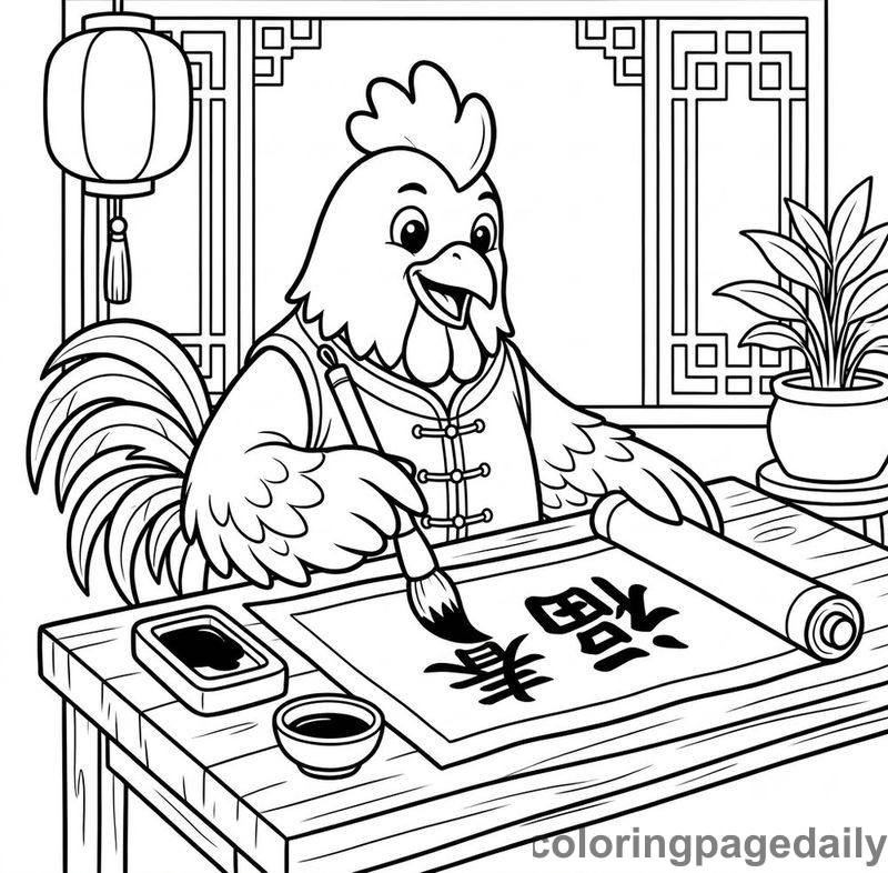 Rooster Painting Calligraphy - Colored reference example