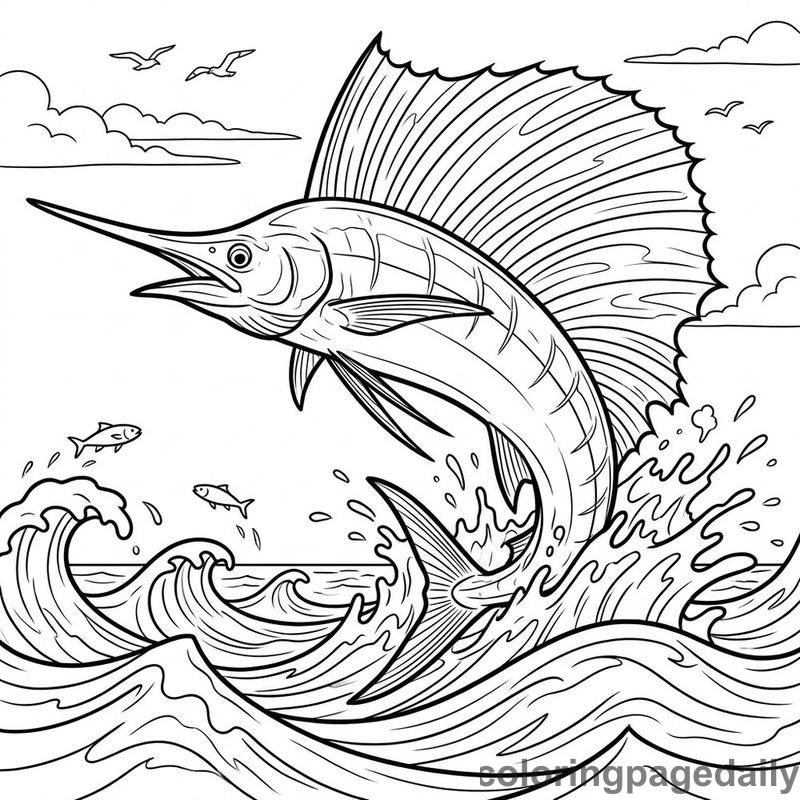 Sailfish Leaping Over Waves - Colored reference example