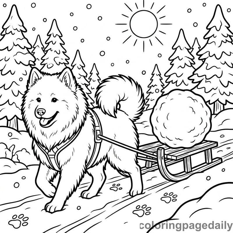 Samoyed Pulling Snowball Sled - Colored reference example