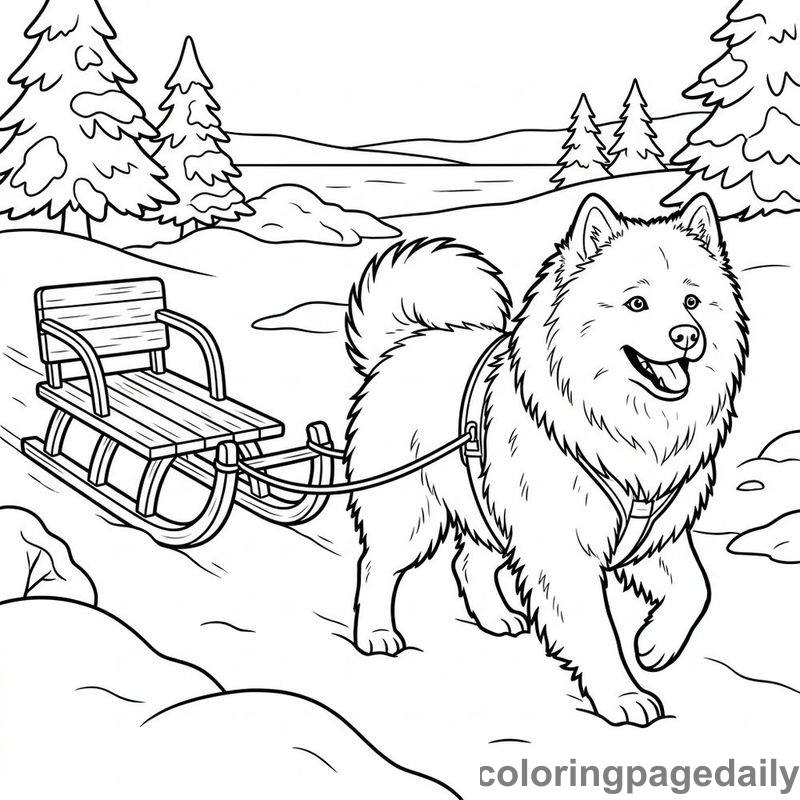 Samoyed Pulling Wooden Toboggan - Colored reference example
