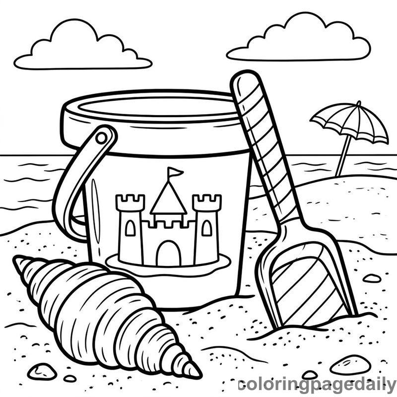 Sandcastle Bucket And Shovel - Daily printable coloring page in Summer Vacation category