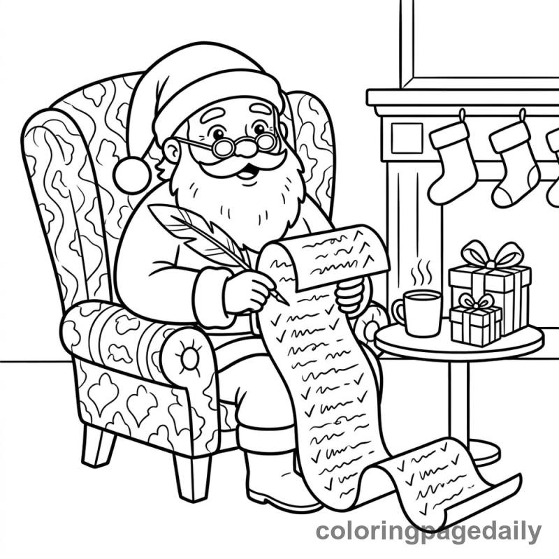 Santa Claus Checks His List - Daily printable coloring page in Christmas category