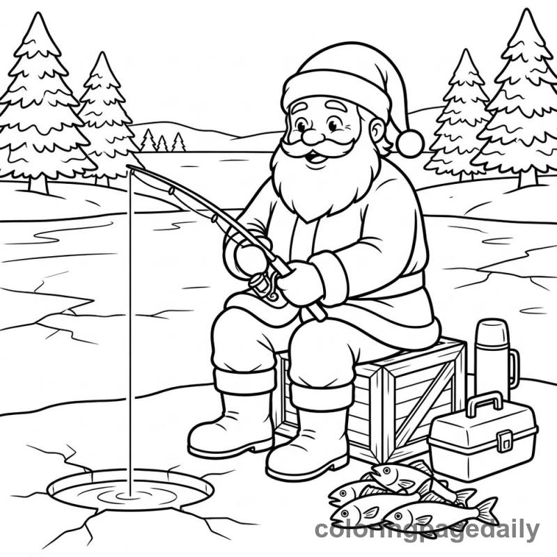 Santa Claus Ice Fishing - Daily printable coloring page in Christmas category