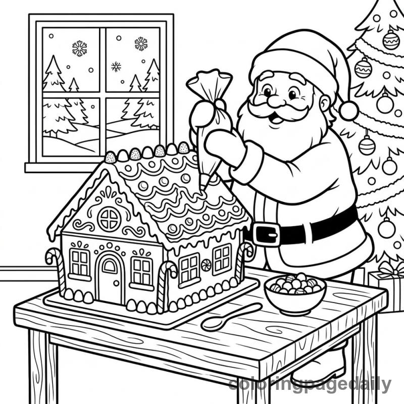 Santa Decorating a Gingerbread House - Colored reference example