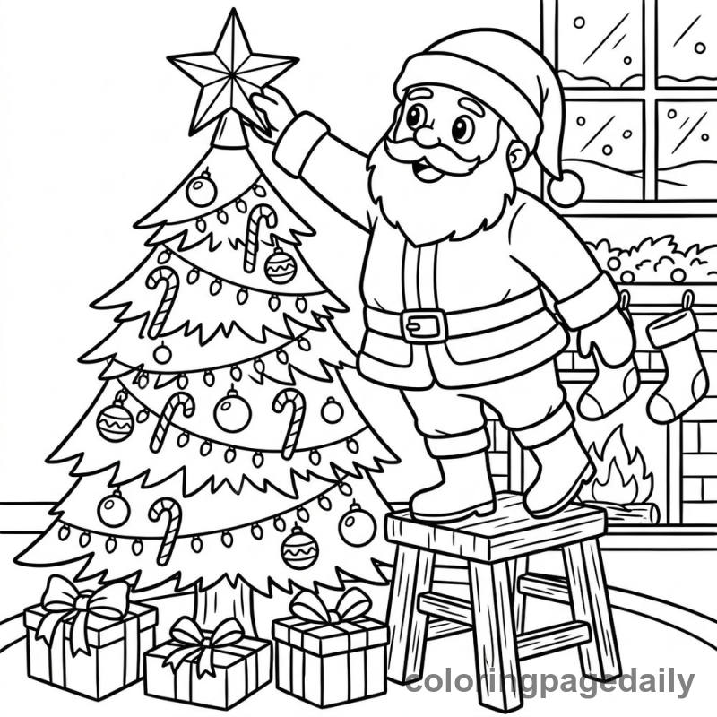 Santa Placing Star - Daily printable coloring page in Christmas category