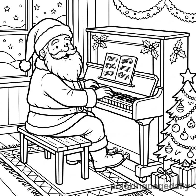 Santa Playing Piano - Daily printable coloring page in Christmas category
