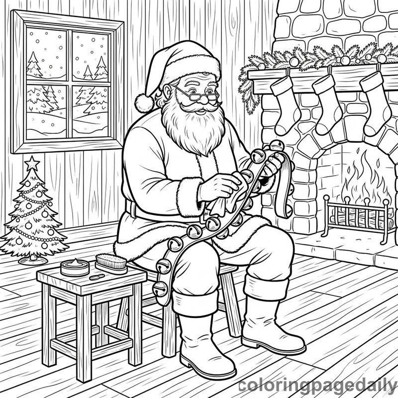 Santa Polishing Sleigh Bells - Daily printable coloring page in Christmas category