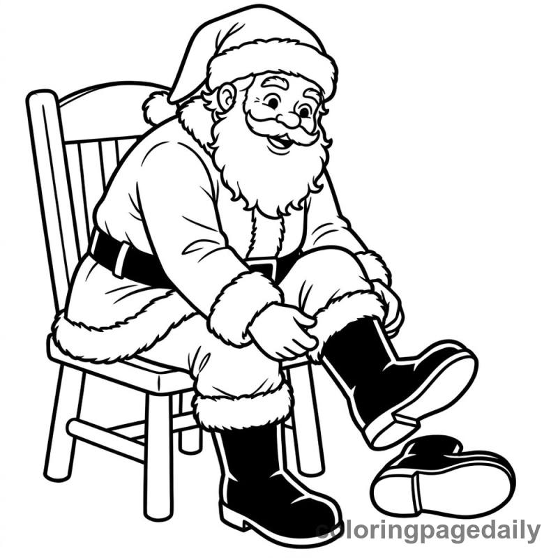 Santa Putting On Boots - Daily printable coloring page in Christmas category