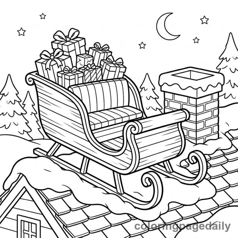 Santa's Sleigh on Roof - Daily printable coloring page in Christmas category