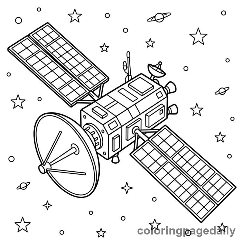 Satellite Floating in Deep Space - Daily printable coloring page in Space category
