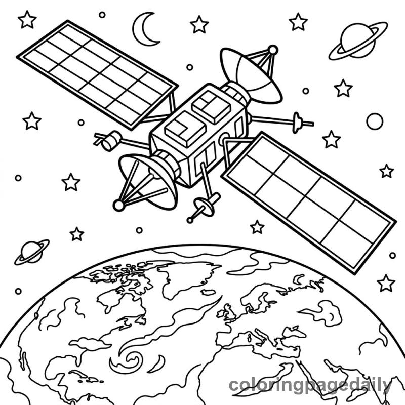 Satellite Orbiting Earth - Daily printable coloring page in Space category