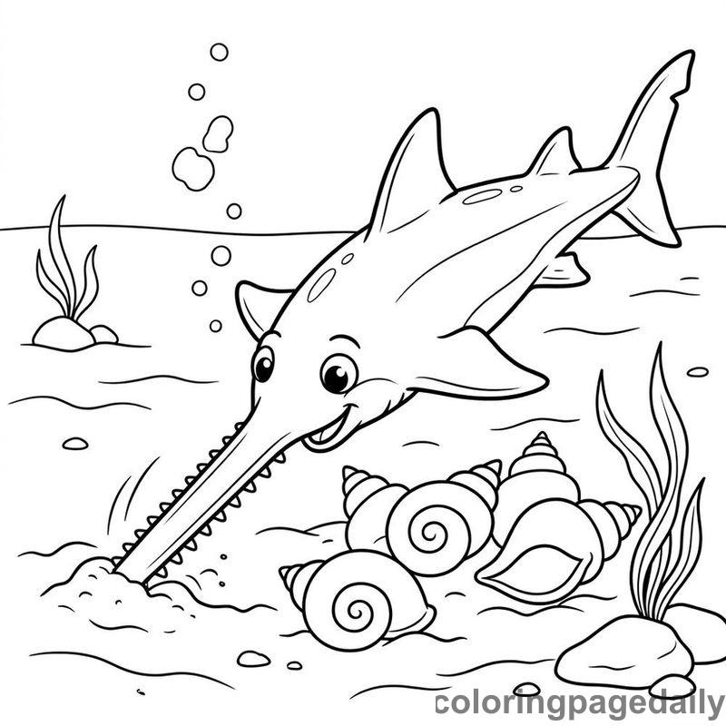 Sawfish Discovering Conch Shells - Colored reference example