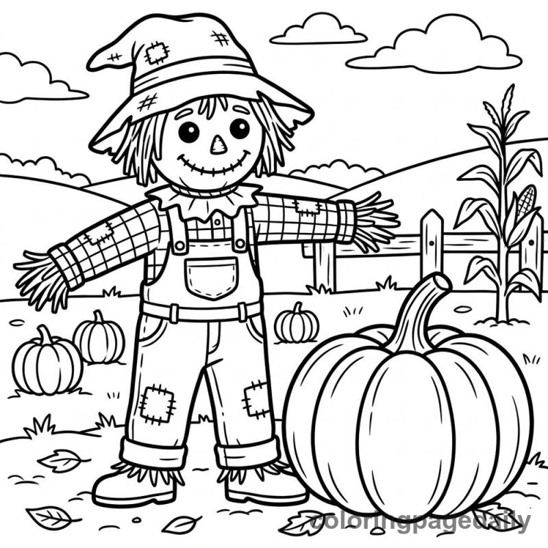 Scarecrow in Pumpkin Patch - Daily printable coloring page in Thanksgiving category