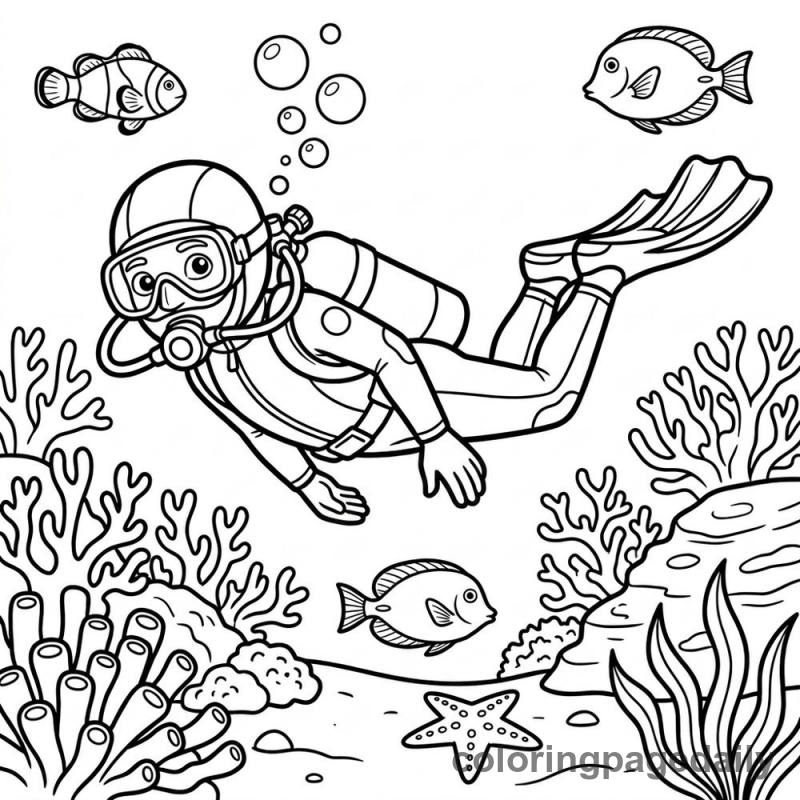 Scuba Diver Swimming - Daily printable coloring page in Ocean and Underwater Life category