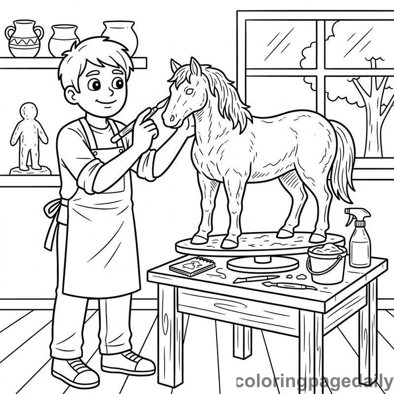 Sculptor Shaping Clay Horse - Daily printable coloring page in Professions category
