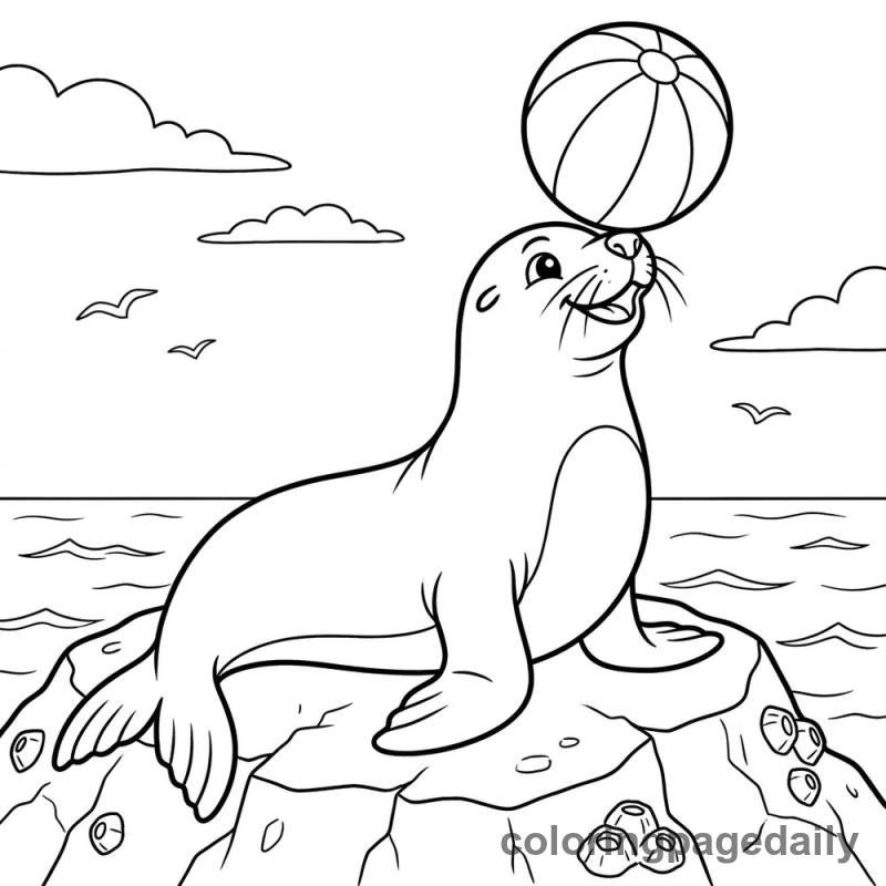Sea Lion Balances Ball - Daily printable coloring page in Ocean and Underwater Life category