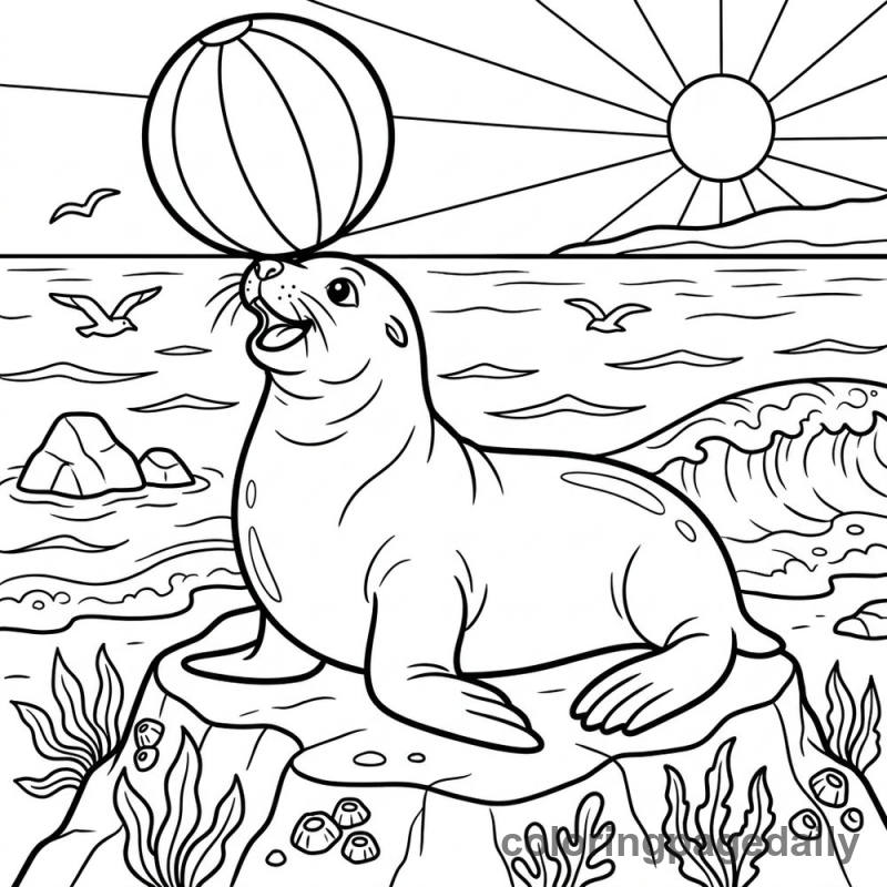 Sea Lion Balances a Beach Ball - Daily printable coloring page in Ocean and Underwater Life category