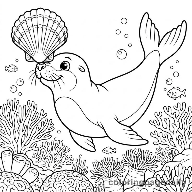 Sea Lion Balancing Scallop Shell - Daily printable coloring page in Ocean and Underwater Life category