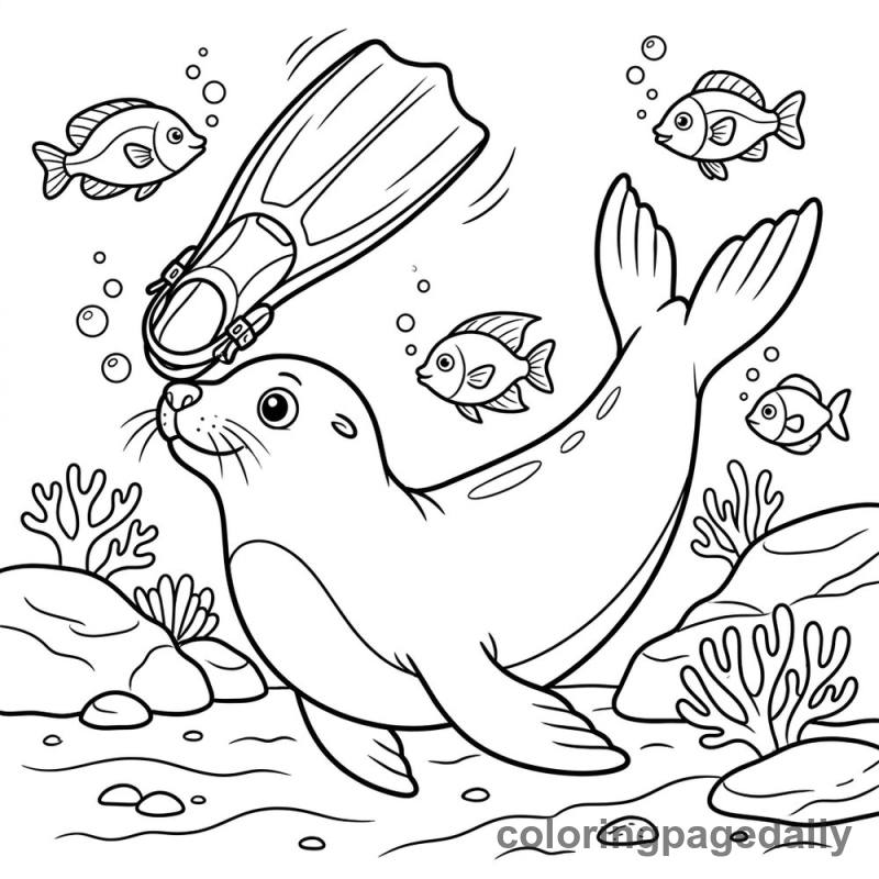 Sea Lion Balancing Snorkeling Fin - Daily printable coloring page in Ocean and Underwater Life category