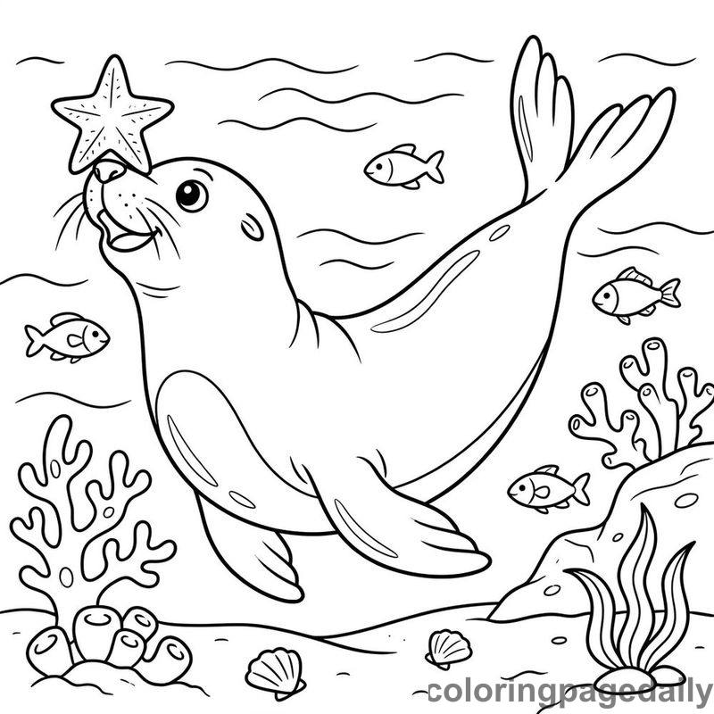 Sea Lion Balancing A Starfish - Daily printable coloring page in Ocean and Underwater Life category