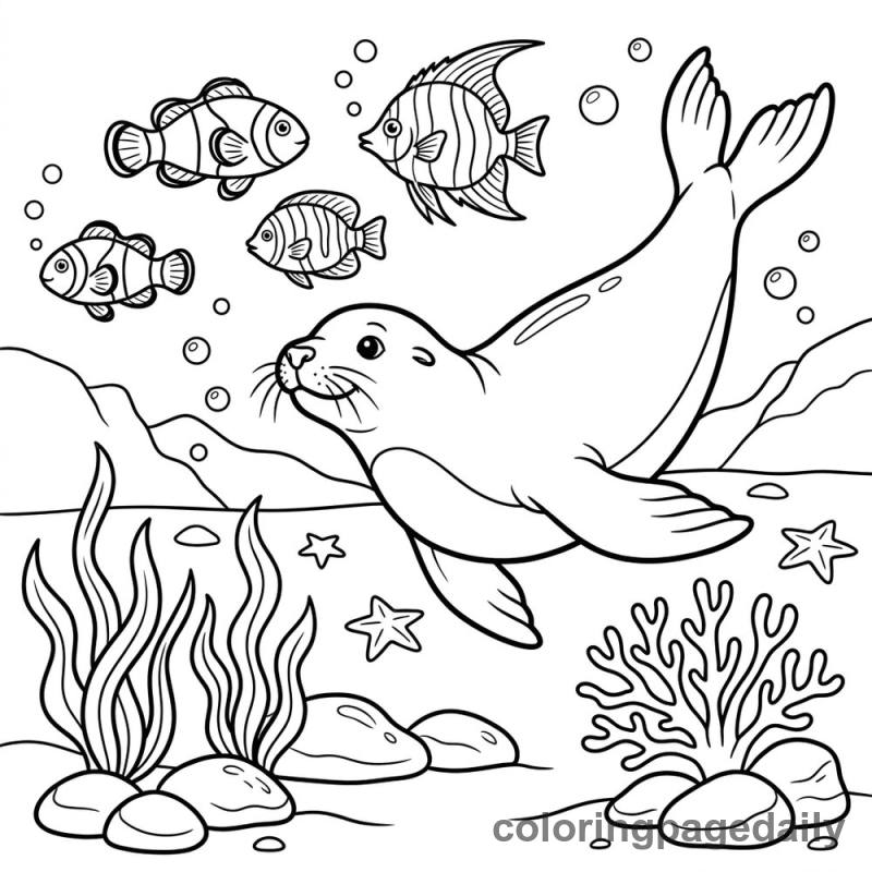 Sea Lion Chasing Tropical Fish - Colored reference example