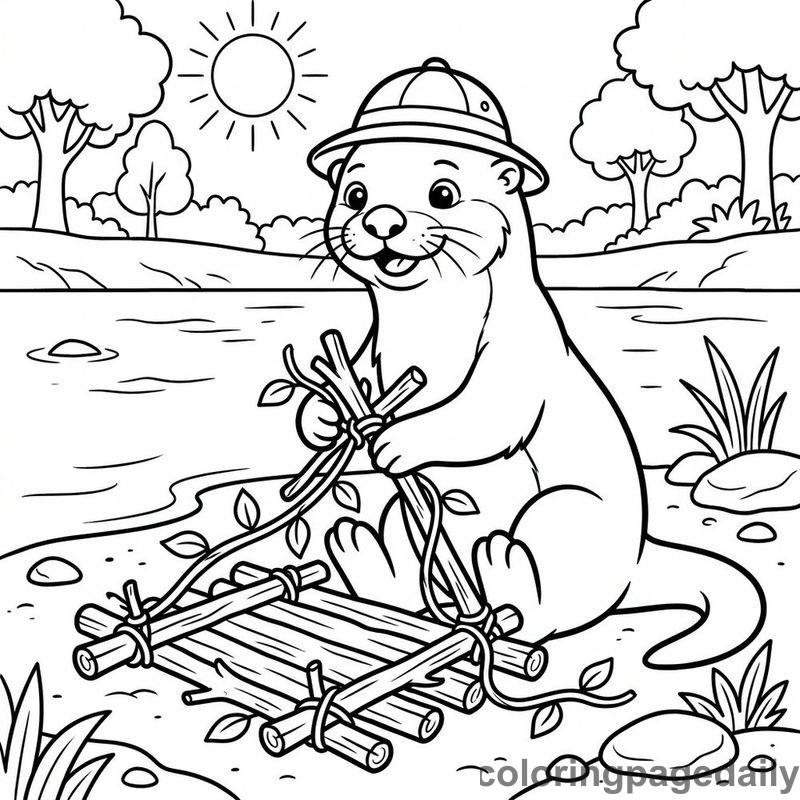 Sea Otter Building Twig Raft - Colored reference example