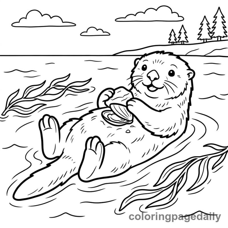 Sea Otter Cracking Clam - Daily printable coloring page in Animals category