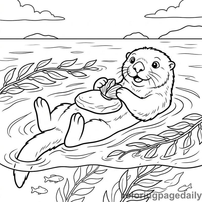 Sea Otter Cracking Clam Shell - Daily printable coloring page in Ocean and Underwater Life category