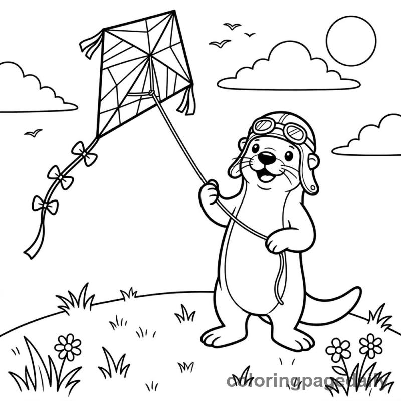 Sea Otter Flying A Kite - Daily printable coloring page in Animals category