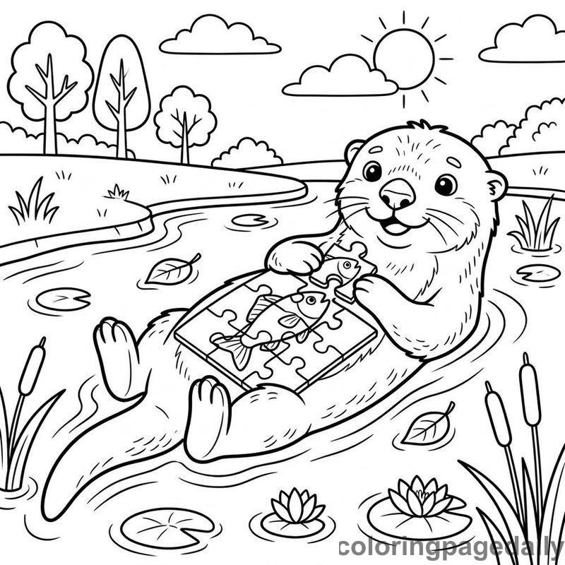 Ollie the Otter’s Big River Puzzle - story illustration coloring page