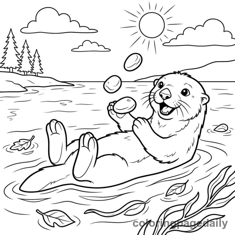 Sea Otter Juggling Stones - Daily printable coloring page in Animals category