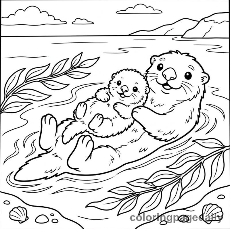 Sea Otter Mother Cuddles Her Pup - Colored reference example