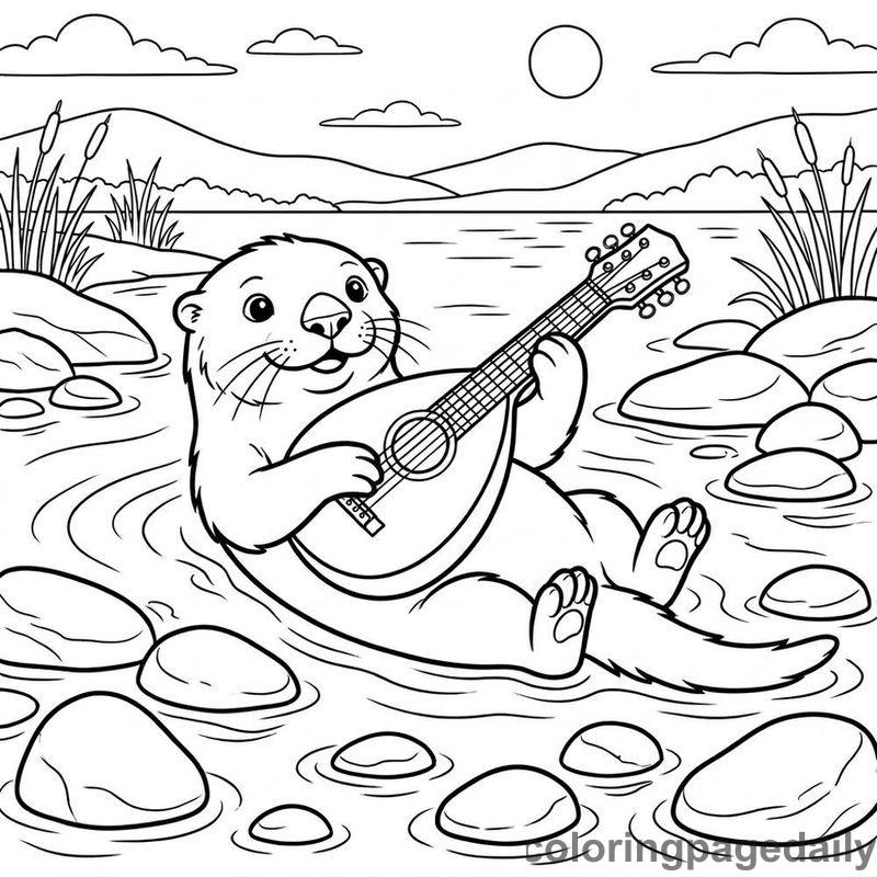 Sea Otter Playing Lute - Daily printable coloring page in Animals category