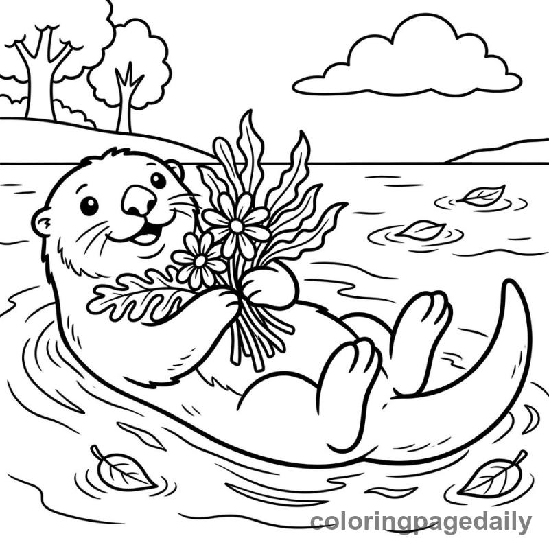 Sea Otter With Flowers - Daily printable coloring page in Animals category