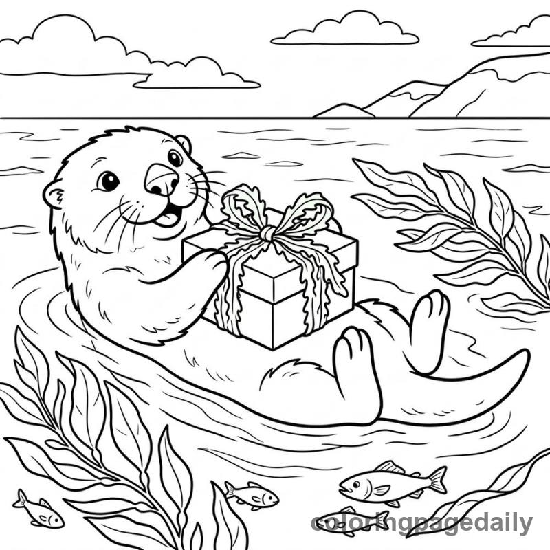 Sea Otter Wrapping Gift - Daily printable coloring page in Animals category
