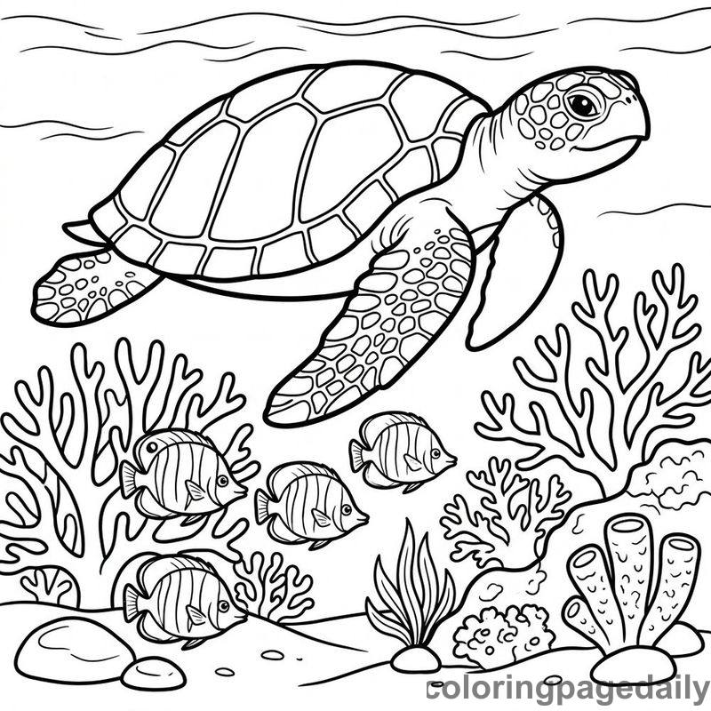 Sea Turtle And Butterflyfish - Colored reference example