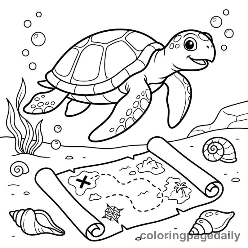 Sea Turtle And Treasure Map - Daily printable coloring page in Ocean and Underwater Life category