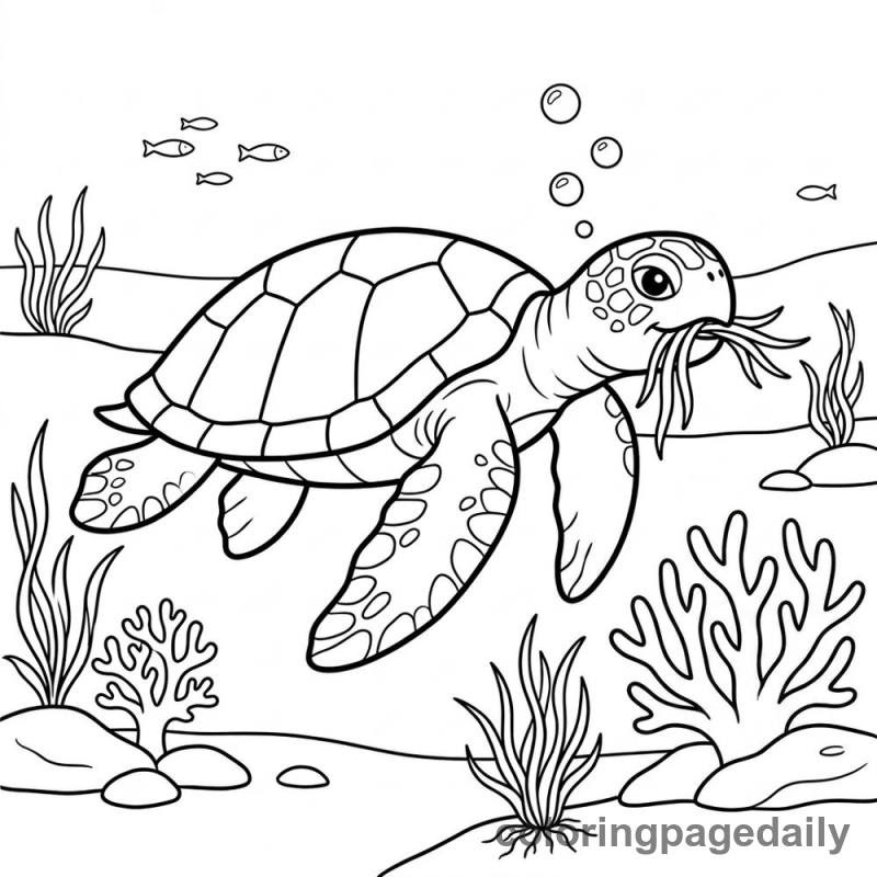 Sea Turtle Eating - Daily printable coloring page in Ocean and Underwater Life category