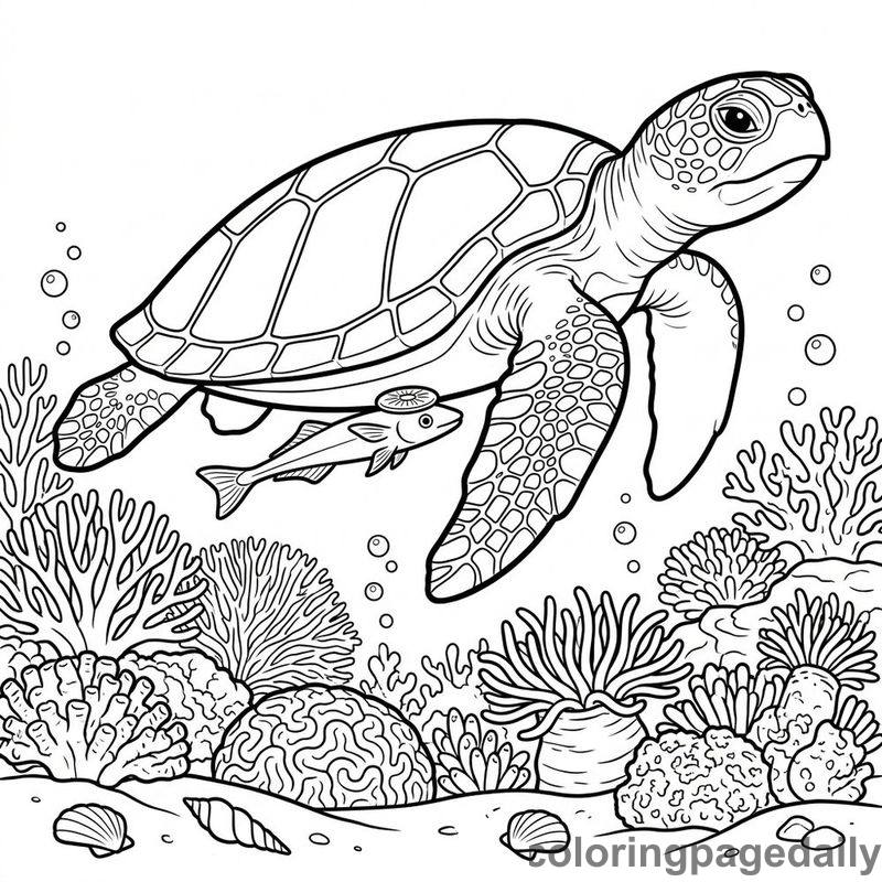 Sea Turtle Exploring Coral Reef - Daily printable coloring page in Ocean and Underwater Life category