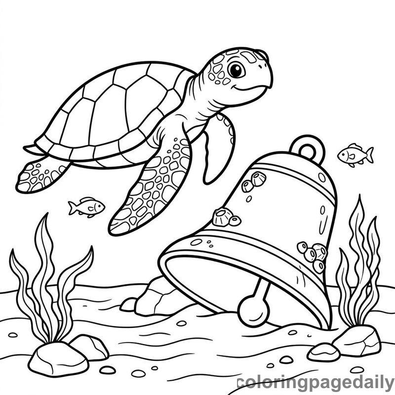 Sea Turtle Exploring Sunken Bell - Colored reference example