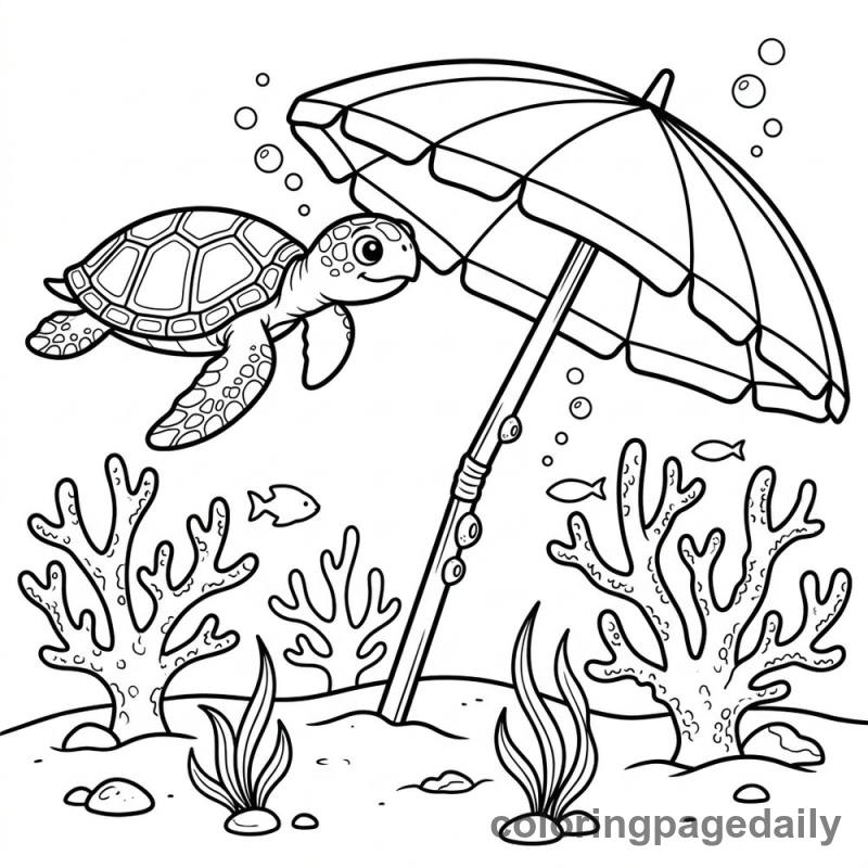 Sea Turtle Exploring Umbrella - Daily printable coloring page in Ocean and Underwater Life category