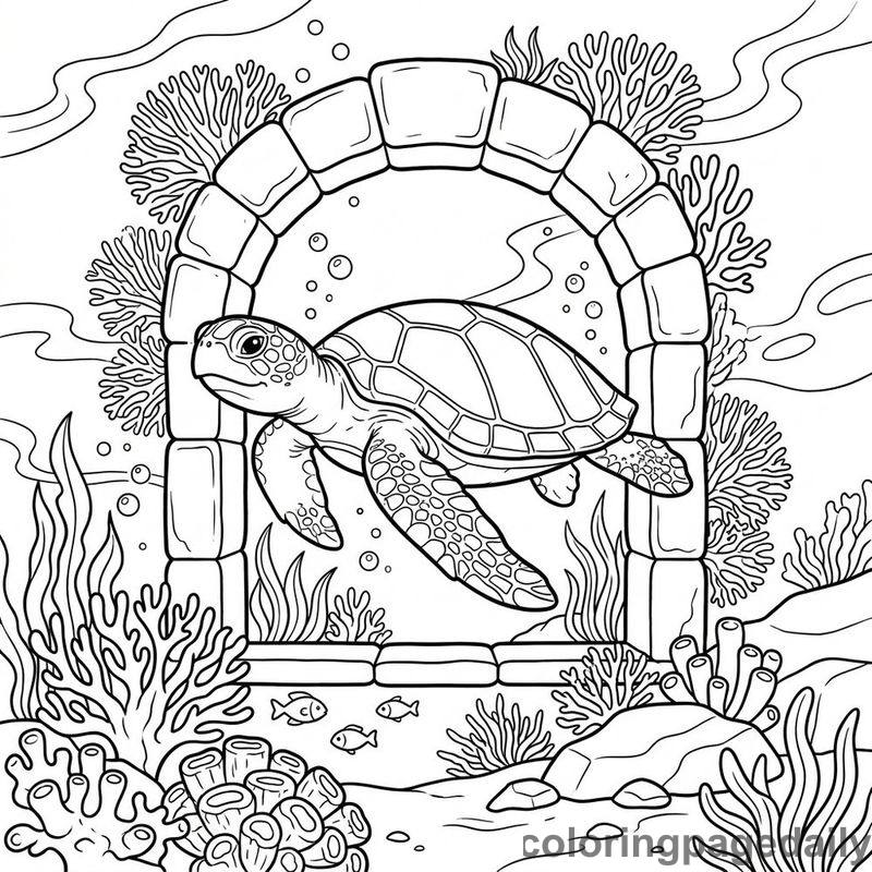 Sea Turtle Swimming Through Window - Colored reference example