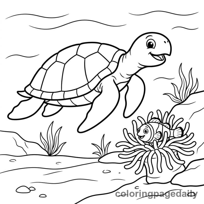 Sea Turtle Swims Past Anemone - Colored reference example