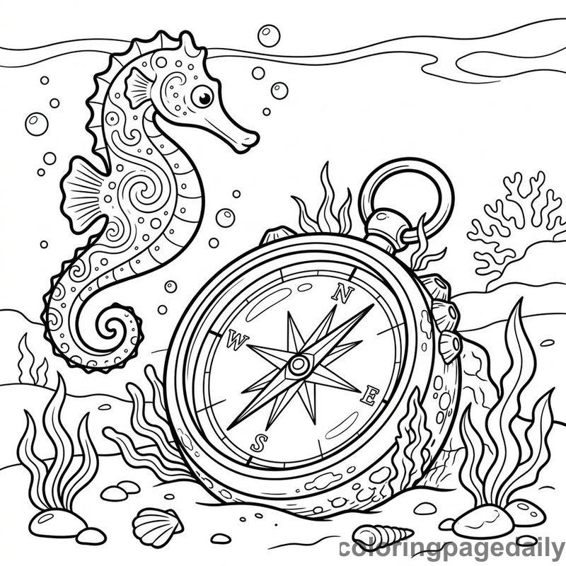 Seahorse And Diver Compass - Daily printable coloring page in Ocean and Underwater Life category
