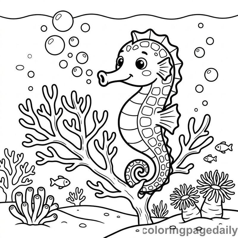 Seahorse Blowing Bubbles - Daily printable coloring page in Ocean and Underwater Life category