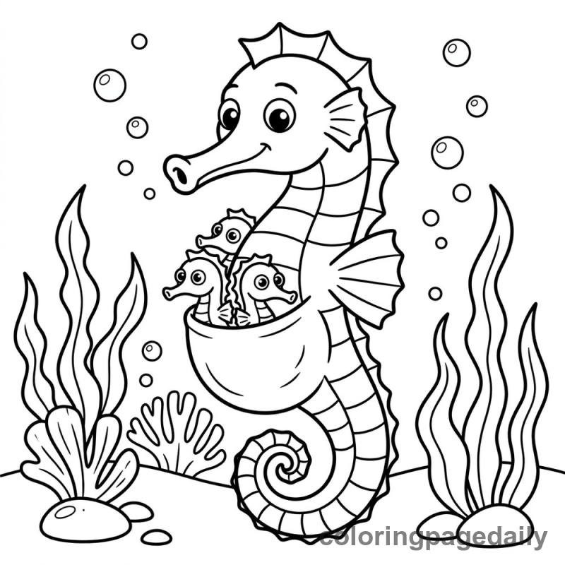 Seahorse Dad With Babies - Daily printable coloring page in Ocean and Underwater Life category
